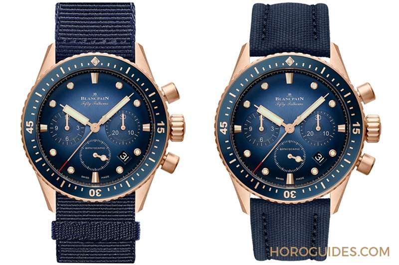 BLANCPAIN - 18K紅金藍面、23級鈦灰面，Blancpain五十噚深潛器飛返計時碼表兩款延伸新作