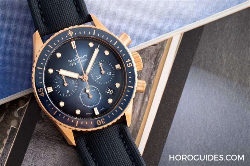 BLANCPAIN - 18K紅金藍面、23級鈦灰面，Blancpain五十噚深潛器飛返計時碼表兩款延伸新作